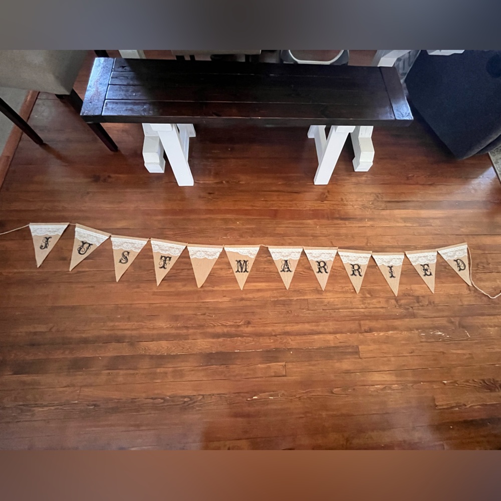 Just Married burlap banner with lace